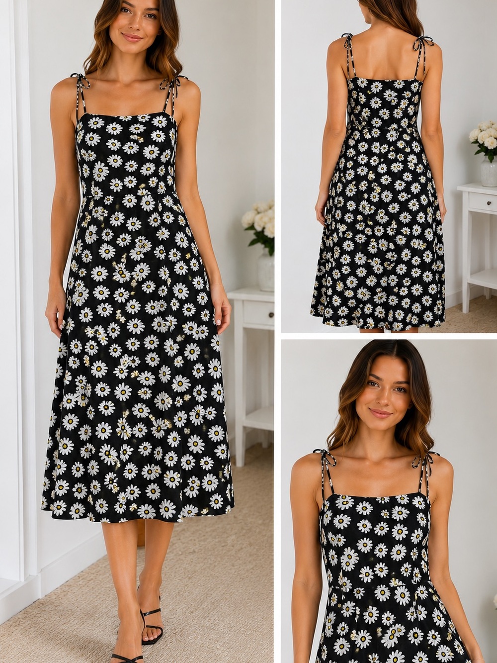SHEIN Black Daisy Print Midi Dress XS